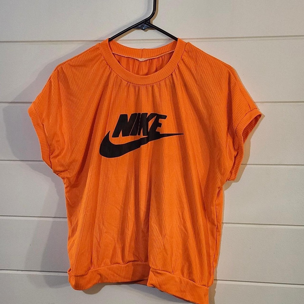 Nike Womens Ribbed Graphic Tee Orange Oversized Cuffed Hem Logo Top Large
